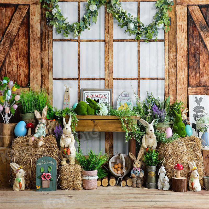 Kate Easter Bunny Backdrop Wooden House Green Plants for Photography