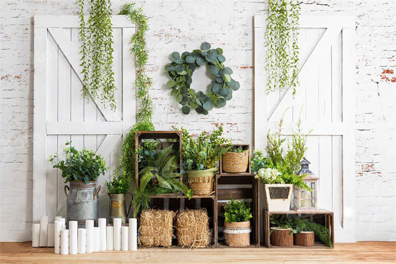 Kate Spring Barn Door Backdrop Green Plants for Photography