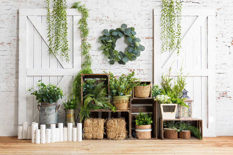 Kate Spring Barn Door Backdrop Green Plants for Photography