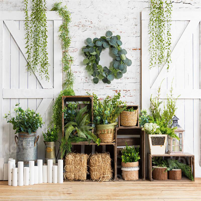 Kate Spring Barn Door Backdrop Green Plants for Photography