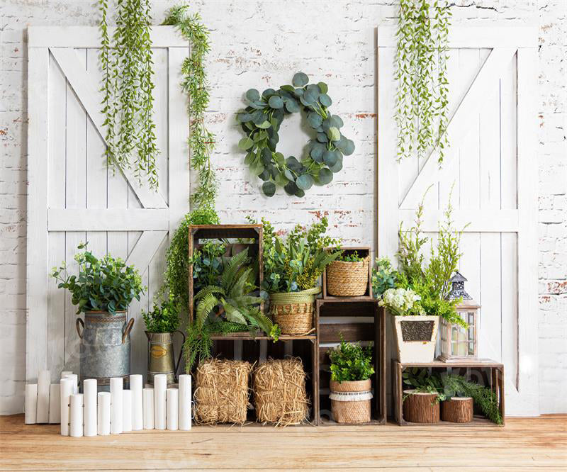 Kate Spring Barn Door Backdrop Green Plants for Photography