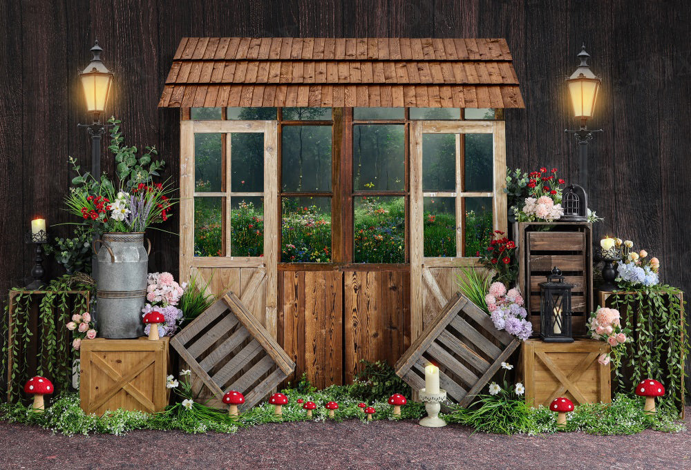 Kate Spring Wooden House Backdrop Mushroom Flower for Photography