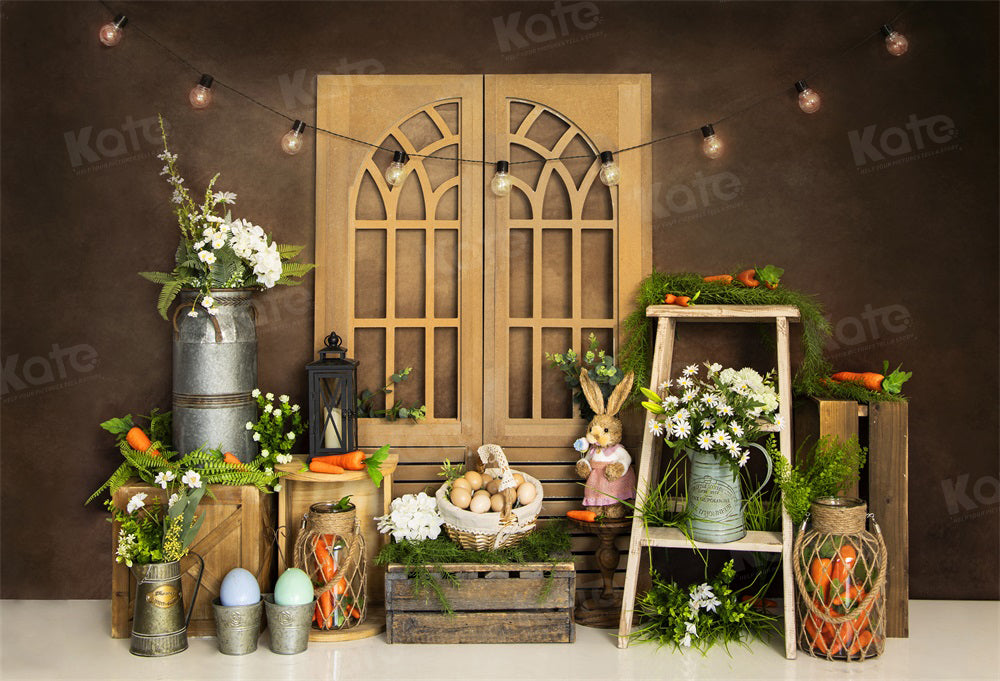 Kate Easter Bunny Backdrop Eggs Green Plants Carrot for Photography