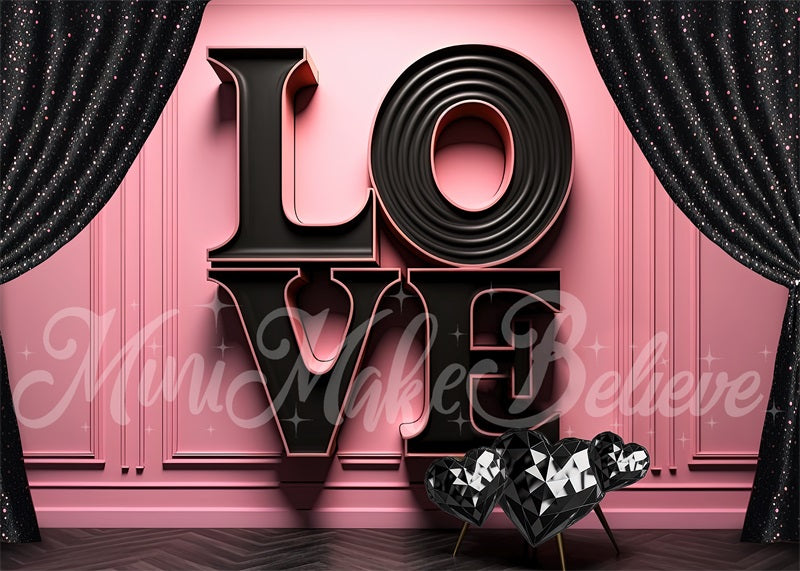 Kate Valentine Backdrop Black LOVE Letters Pink Exterior Wall Designed by Mini MakeBelieve