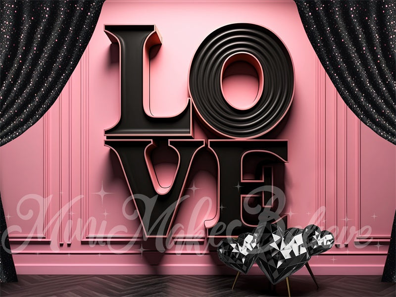 Kate Valentine Backdrop Black LOVE Letters Pink Exterior Wall Designed by Mini MakeBelieve