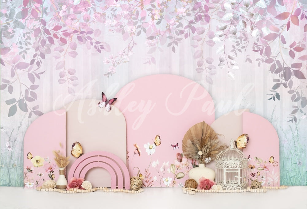 Kate Pink Buttefly Floral Backdrop Girl Cake Smash Designed by Ashley Paul