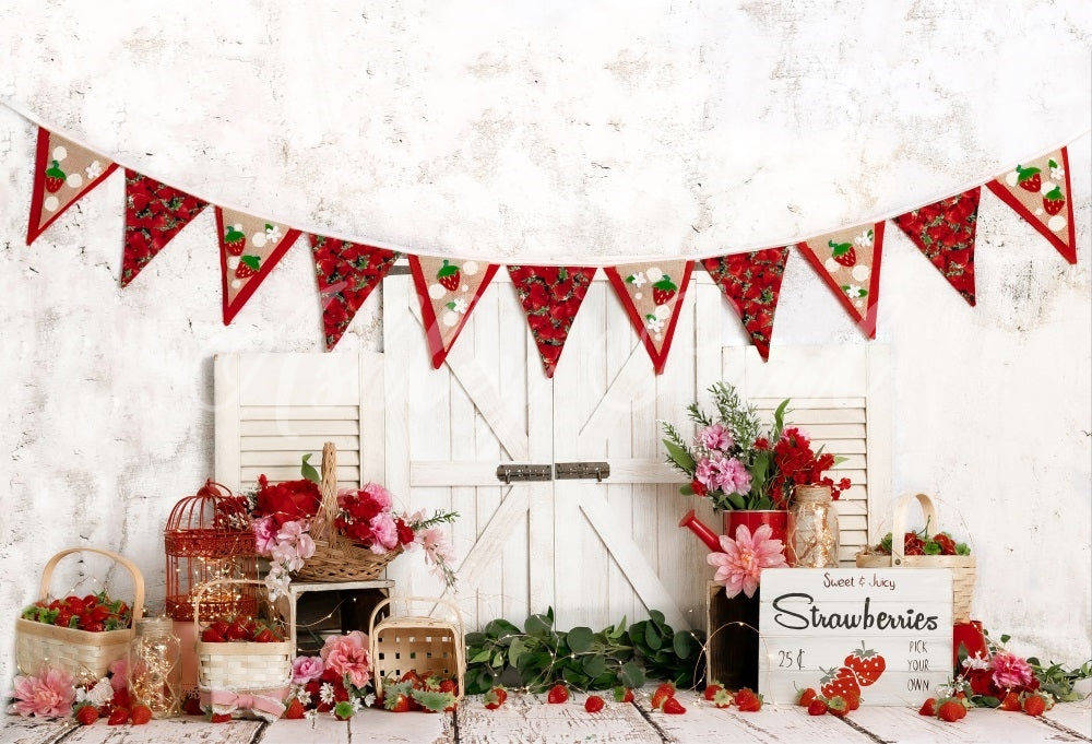 Kate Strawberry Party Backdrop Girl Cake Smash White Barn Door Designed by Ashley Paul