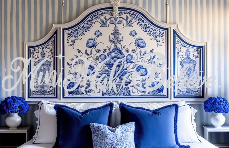 Kate Painted Blue Backdrop White Delft Style Boudoir Headboard Designed by Mini MakeBelieve