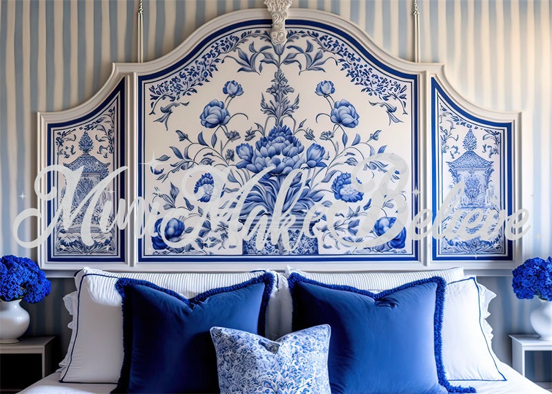 Kate Painted Blue Backdrop White Delft Style Boudoir Headboard Designed by Mini MakeBelieve