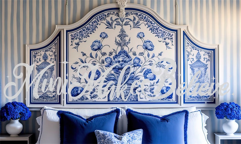 Kate Painted Blue Backdrop White Delft Style Boudoir Headboard Designed by Mini MakeBelieve