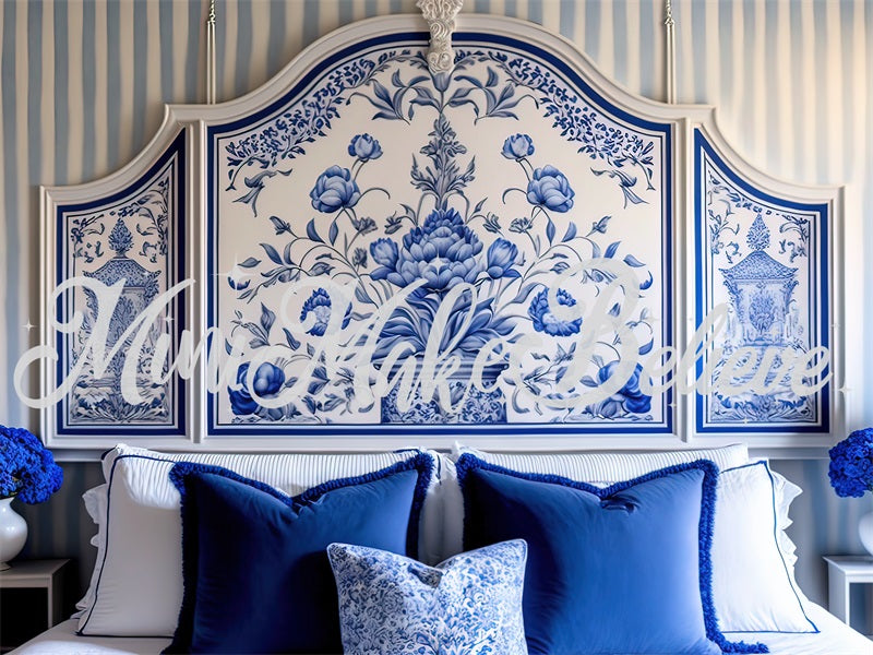 Kate Painted Blue Backdrop White Delft Style Boudoir Headboard Designed by Mini MakeBelieve