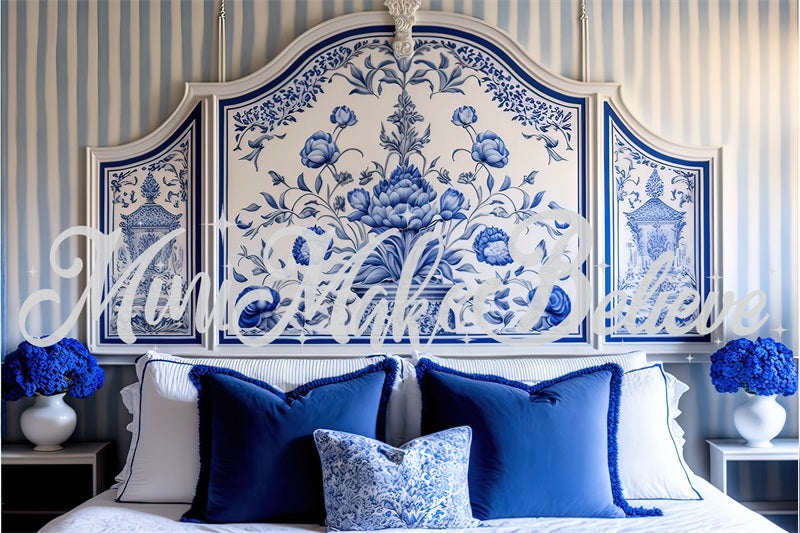 Kate Painted Blue Backdrop White Delft Style Boudoir Headboard Designed by Mini MakeBelieve