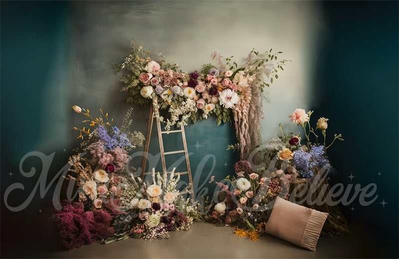 Kate Painterly Boho Backdrop Outdoors Wood Doors Dried Flowers Pampas Designed by Mini MakeBelieve