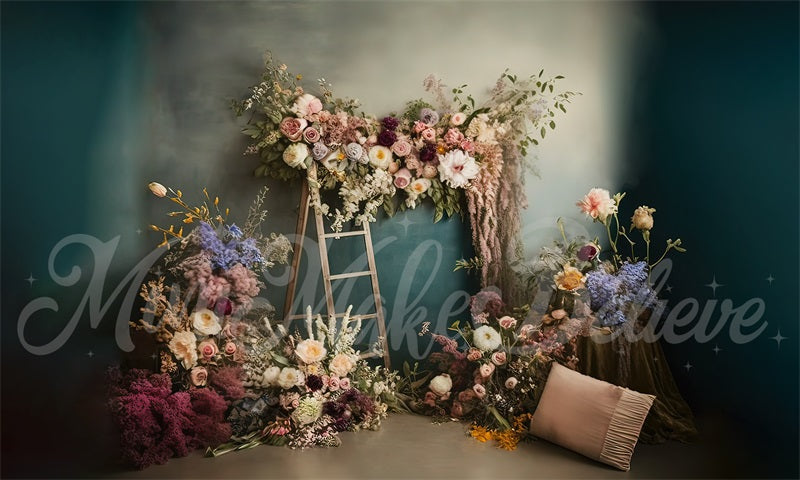 Kate Painterly Boho Backdrop Outdoors Wood Doors Dried Flowers Pampas Designed by Mini MakeBelieve