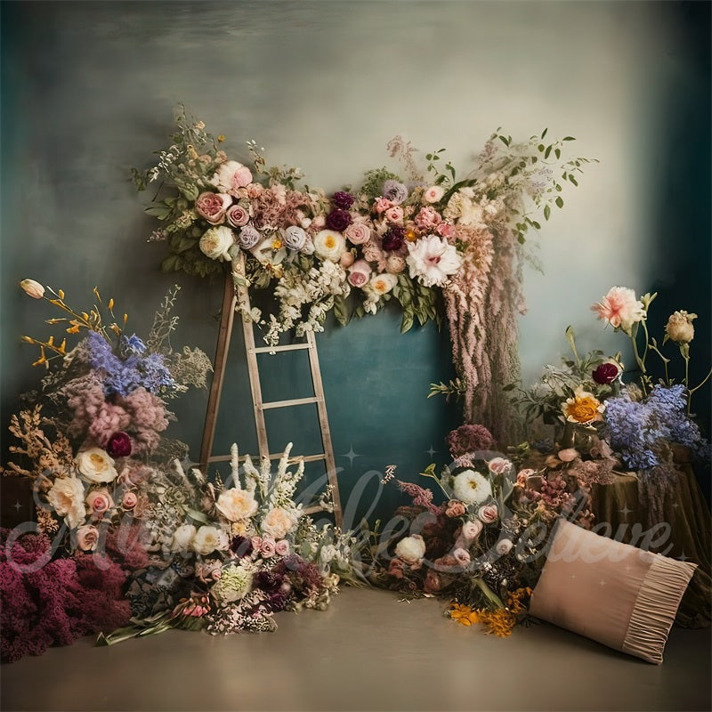 Kate Painterly Boho Backdrop Outdoors Wood Doors Dried Flowers Pampas Designed by Mini MakeBelieve