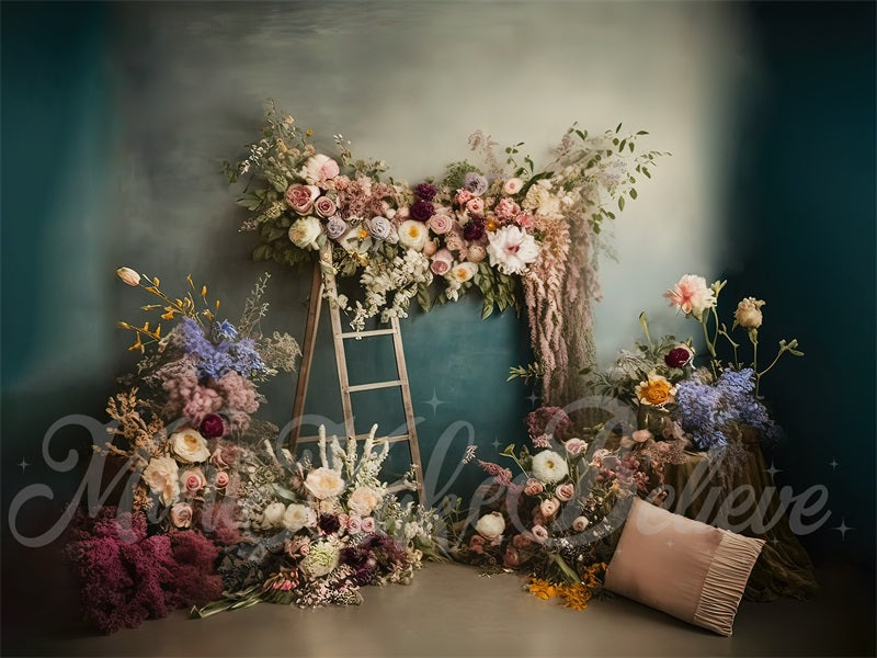 Kate Painterly Boho Backdrop Outdoors Wood Doors Dried Flowers Pampas Designed by Mini MakeBelieve