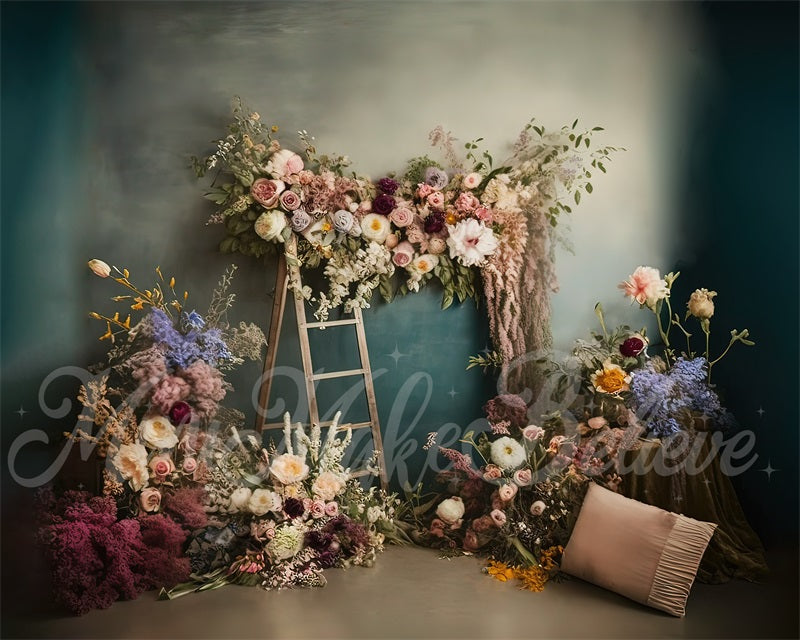 Kate Painterly Boho Backdrop Outdoors Wood Doors Dried Flowers Pampas Designed by Mini MakeBelieve