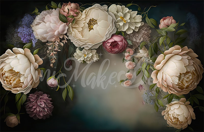 Kate Blue White Painterly Fine Art Floral Backdrop Designed by Mini MakeBelieve