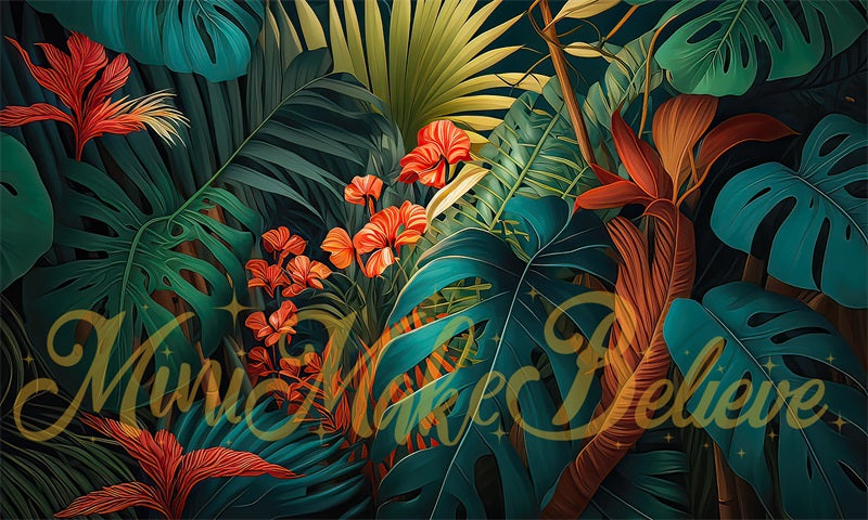 Kate Pop Art Green Tropical Flowers Backdrop Designed by Mini MakeBelieve