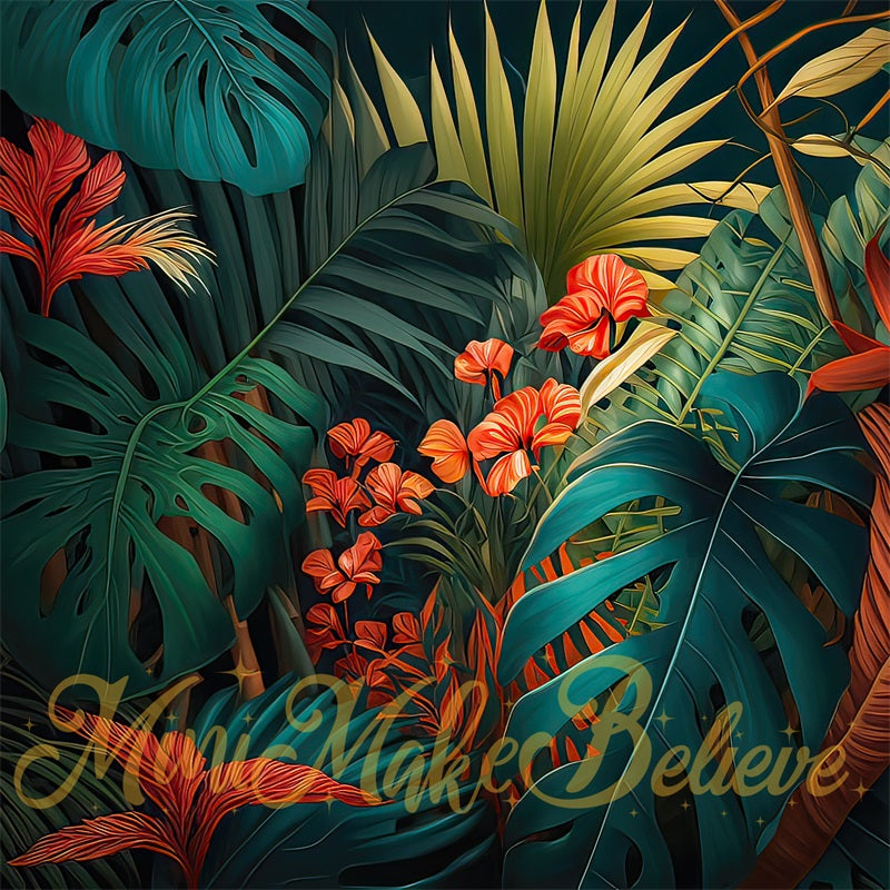 Kate Pop Art Green Tropical Flowers Backdrop Designed by Mini MakeBelieve