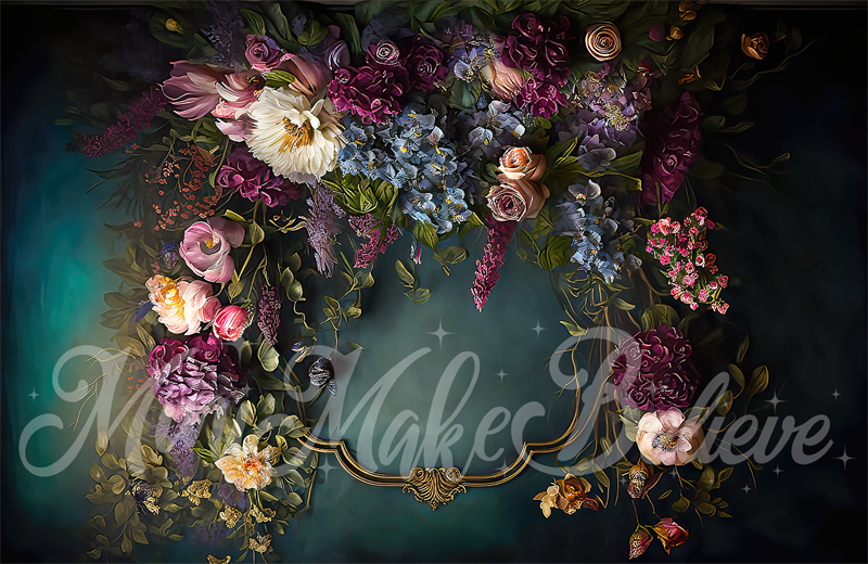 Kate Fine Art Floral Backdrop Dark Teal with Gold Trim Designed by Mini MakeBelieve