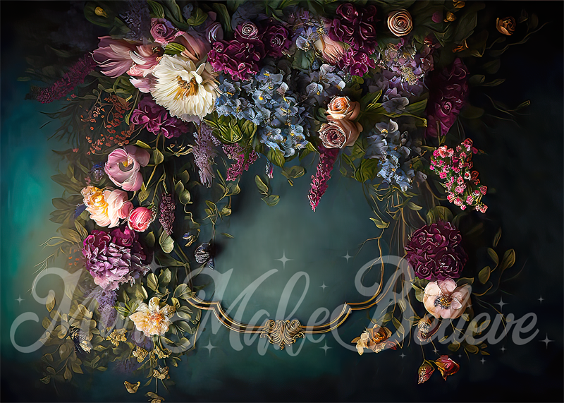 Kate Fine Art Floral Backdrop Dark Teal with Gold Trim Designed by Mini MakeBelieve