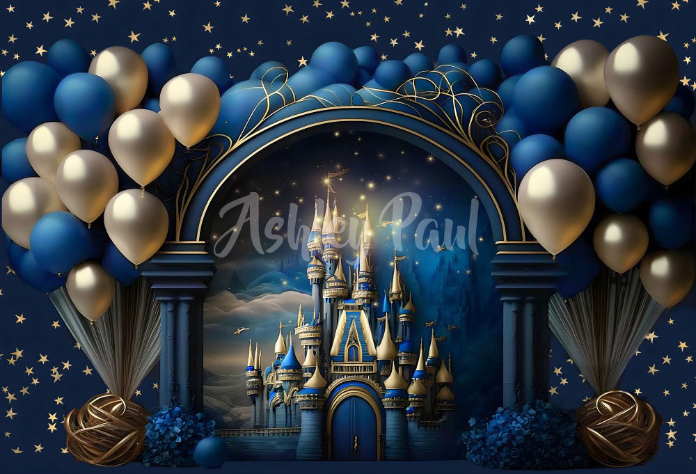 Kate Prince Birthday Backdrop Balloons Blue Castle for Photography