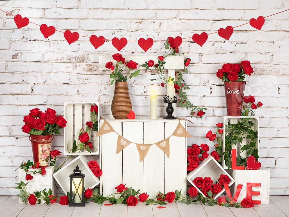 Kate Valentine's Day Roses Stand White Brick Wall Backdrop Designed by