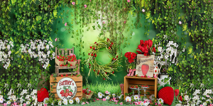 Kate Spring Strawberry and White Flower Green Leaves With Banners Birthday Backdrop for Photography - Kate Backdrop AU