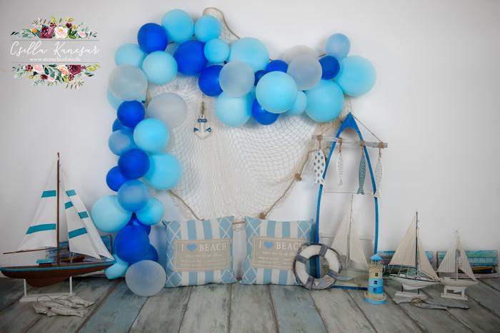 Kate Sailor Backdrop Blue Balloons Sailboat Designed by Csilla Kancsar - Kate Backdrop AU