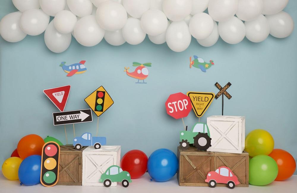 Kate Colorful Birthday Cars Trucks Airplanes Backdrop Designed by Melissa King - Kate Backdrop AU