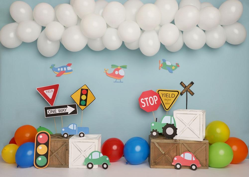 Kate Colorful Birthday Cars Trucks Airplanes Backdrop Designed by Melissa King - Kate Backdrop AU