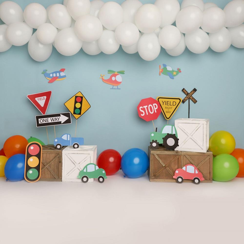 Kate Colorful Birthday Cars Trucks Airplanes Backdrop Designed by Melissa King - Kate Backdrop AU