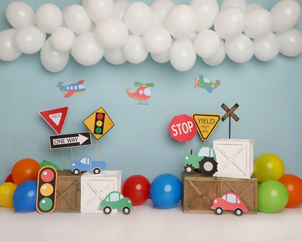 Kate Colorful Birthday Cars Trucks Airplanes Backdrop Designed by Melissa King - Kate Backdrop AU