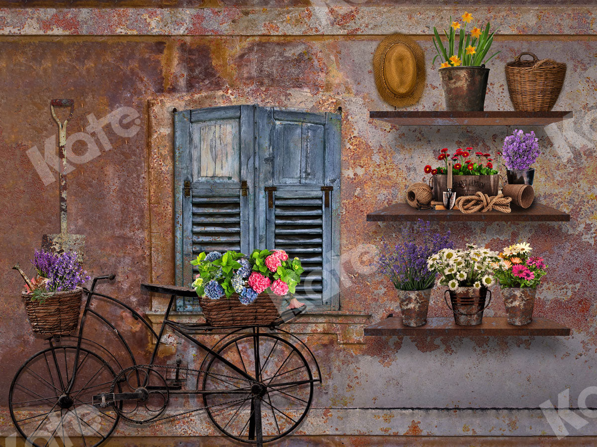 Kate Spring Vintage Rusty Wall with Bicycle and Window Backdrop Designed By Ava Lee - Kate Backdrop AU