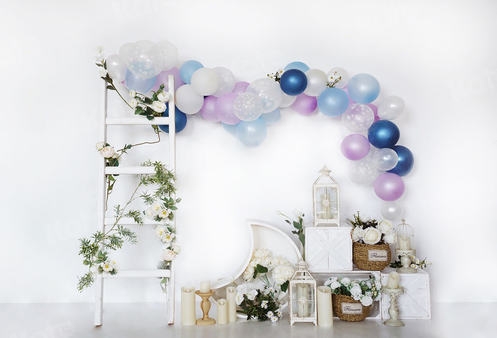 Kate Birthday Backdrop Balloons Stair White Wall for Photography - Kate Backdrop AU