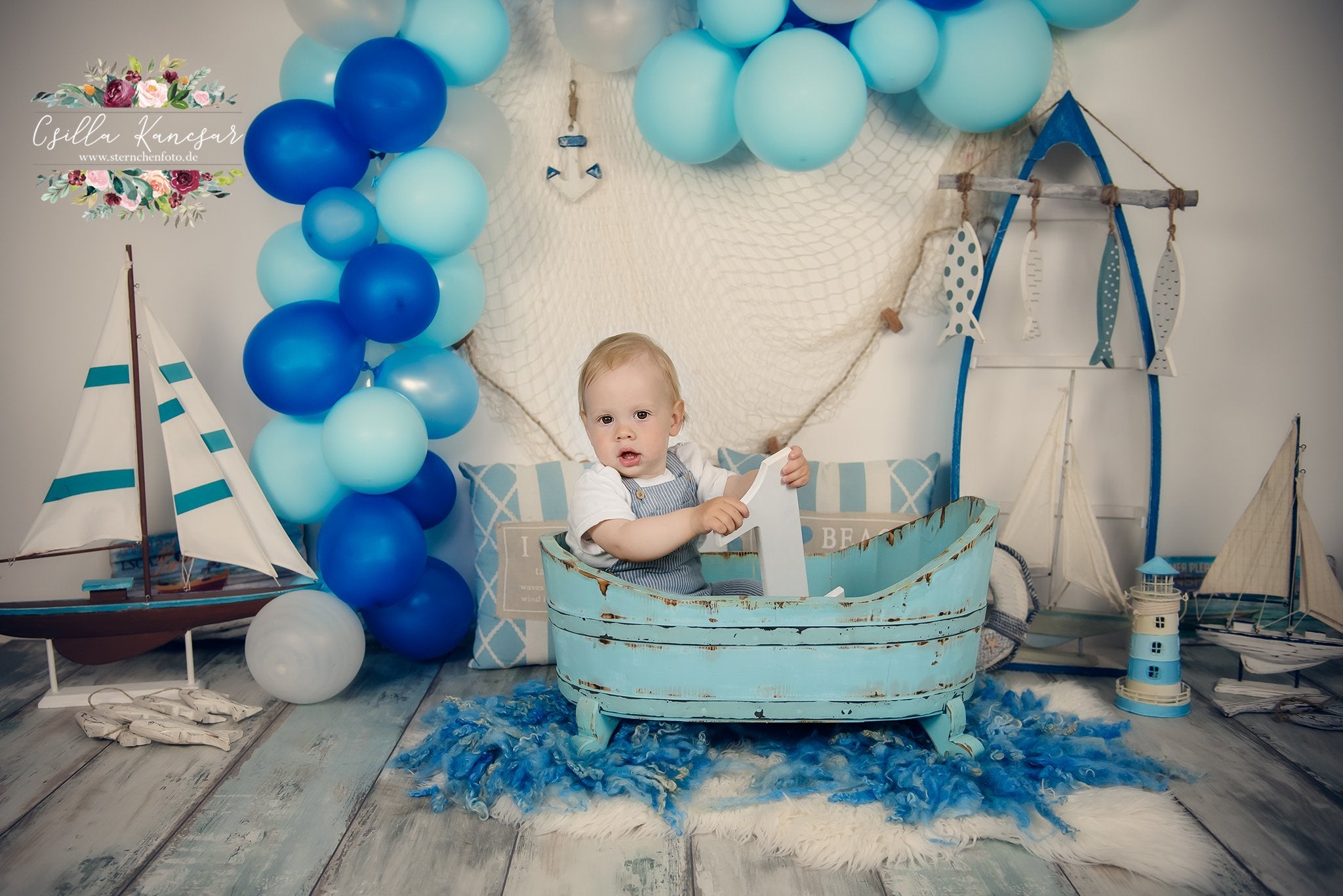 Kate Sailor Backdrop Blue Balloons Sailboat Designed by Csilla Kancsar - Kate Backdrop AU