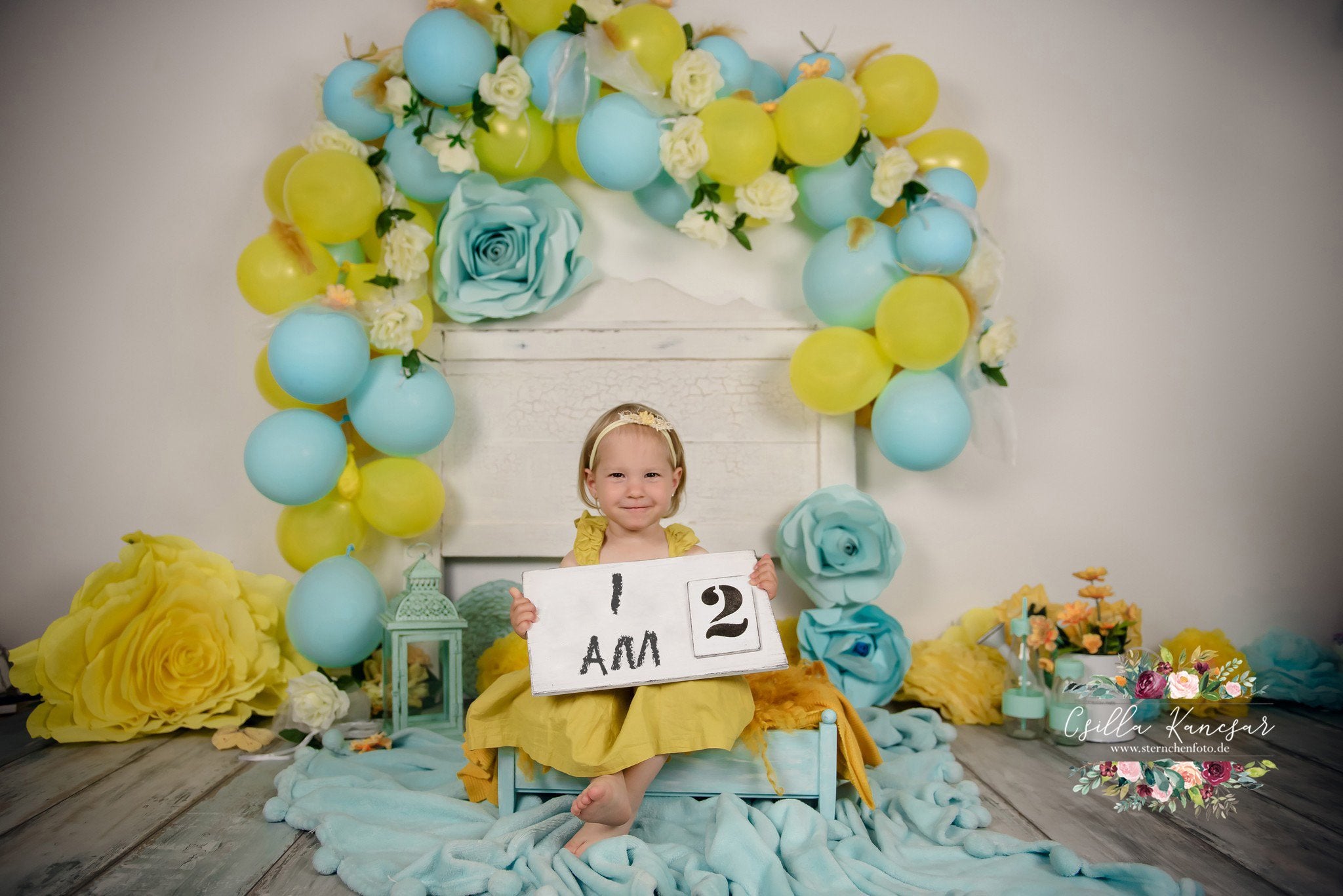 Kate Cake Smash Backdrop Blue&Yellow Balloons Designed by Csilla Kancsar - Kate Backdrop AU